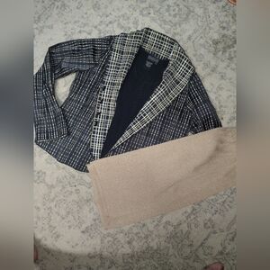 Women's 3 Piece Patterned Open Front Jacket with Contrast Lapel Skirt Tank